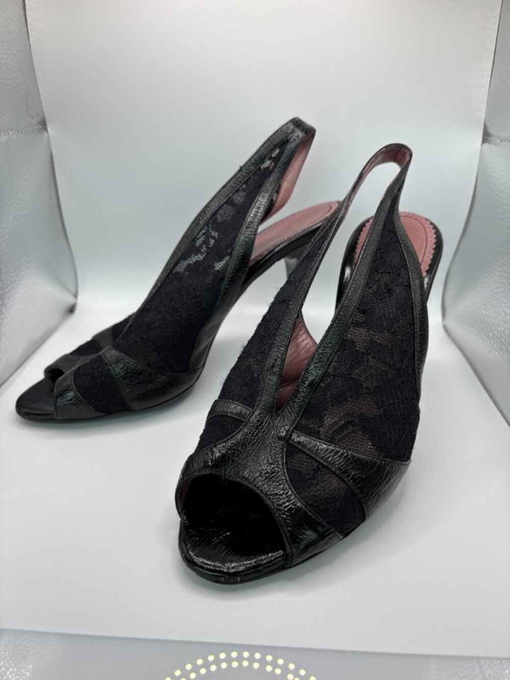 Jean-Michel Cazabat Black Leather Lace Peep Toe Slingback Heels FR 36.5 / US 6.5